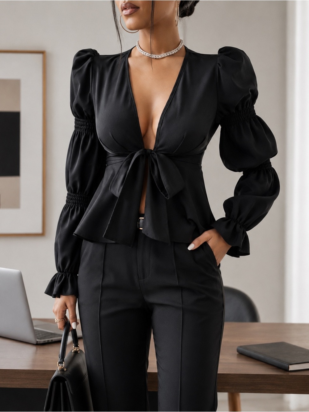 Chic Black Tie-Front Puff Sleeve Blouse